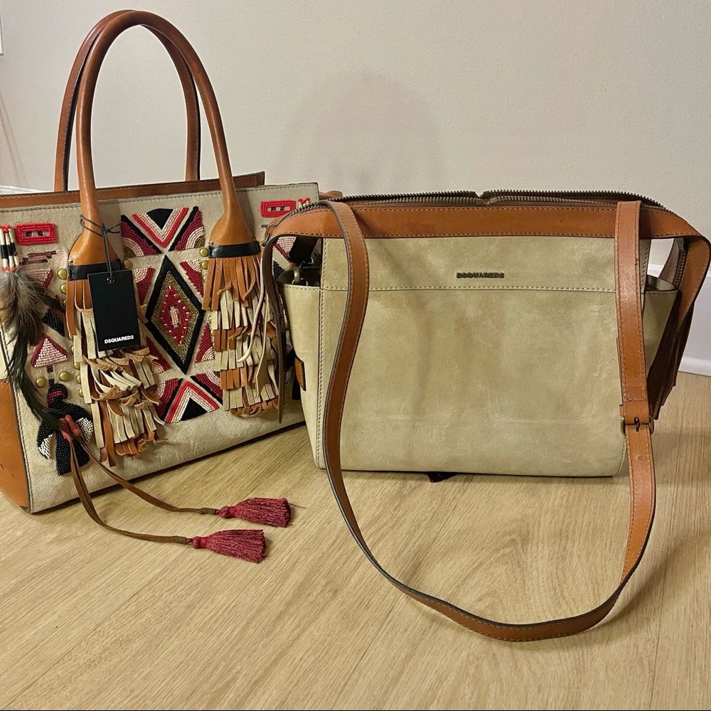 DSQUARED2 | Boho Fringe Feather Embroidered Leather Suede Tote Shoulder Bag - Picture 7 of 15